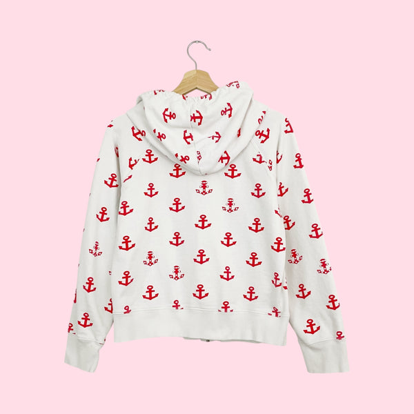 Y2K White + Red Anchor Print Hoodie (L)