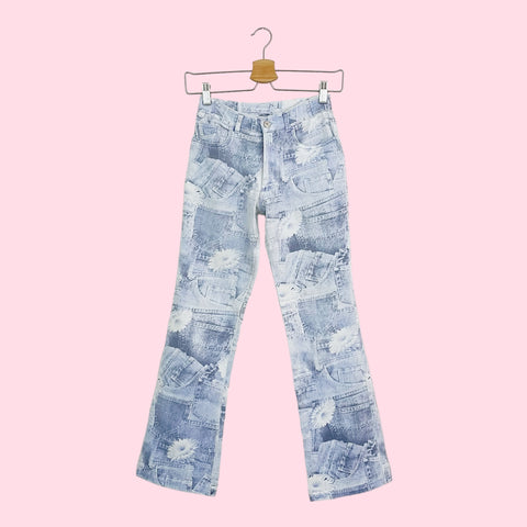 DENIM PATCHWORK PRINT CROPPED PANTS (XS)