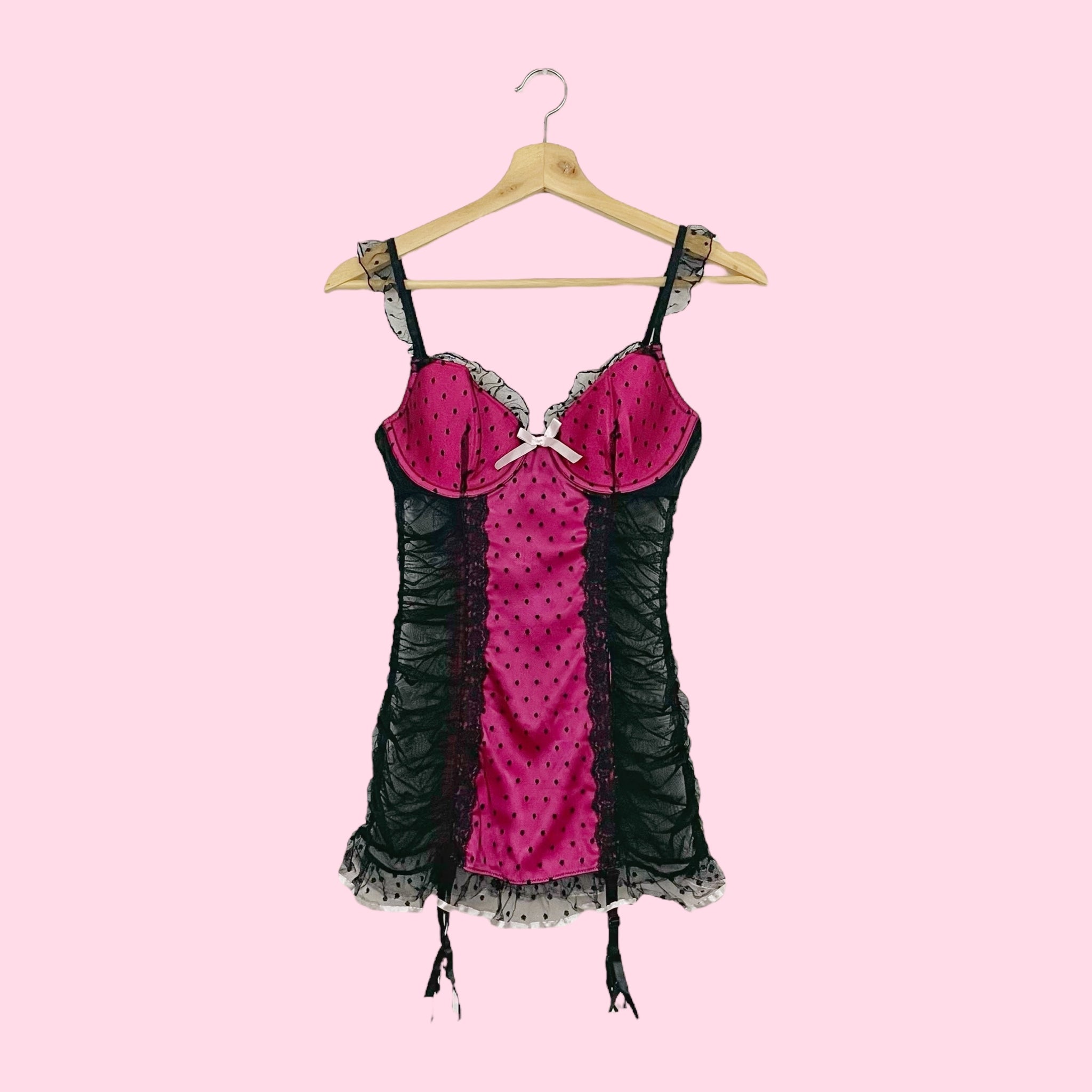 VICTORIA'S SECRET BLACK + PINK DOT RUCHED MESH BABYDOLL (34D)