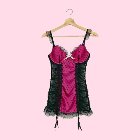 VICTORIA'S SECRET BLACK + PINK DOT RUCHED MESH BABYDOLL (34D)