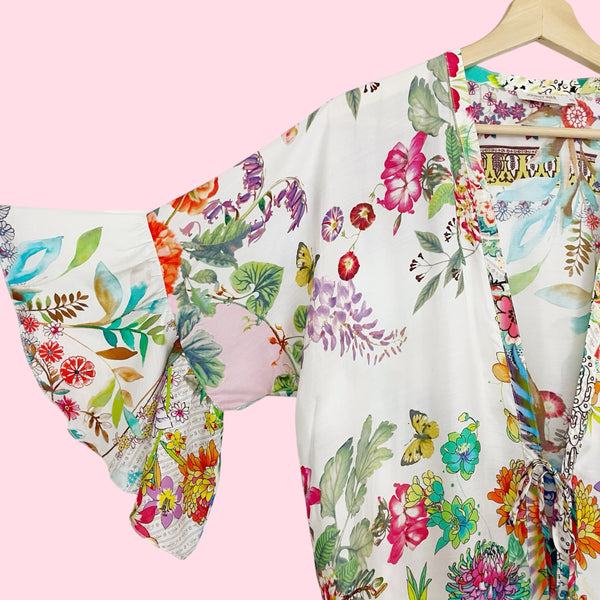 JOHNNY WAS FLORAL TIE FRONT RUFFLE KIMONO (XS)