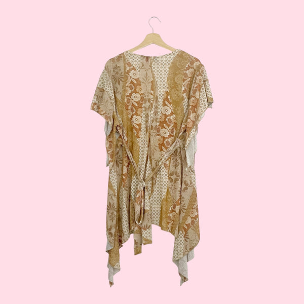 Y2K Tan Patchwork Mesh Asymmetrical Tie Back Top (3X)