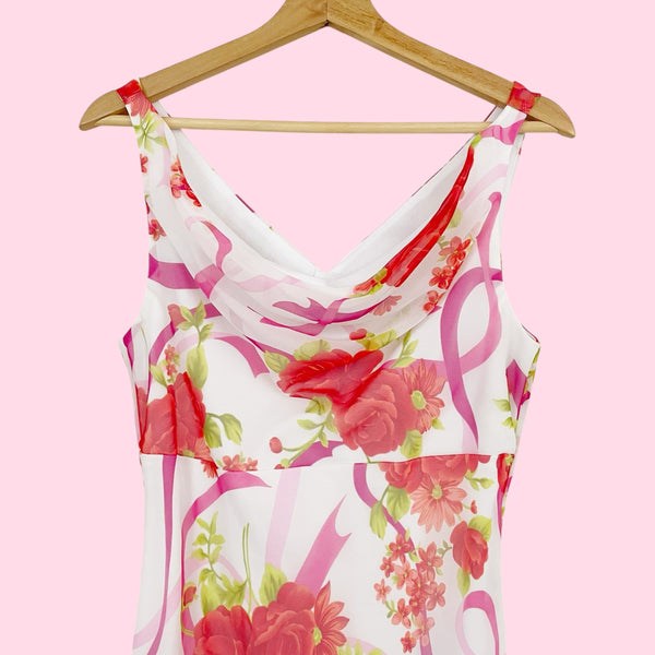 FLORAL RIBBON PRINT COWL NECK MIDI DRESS (M)