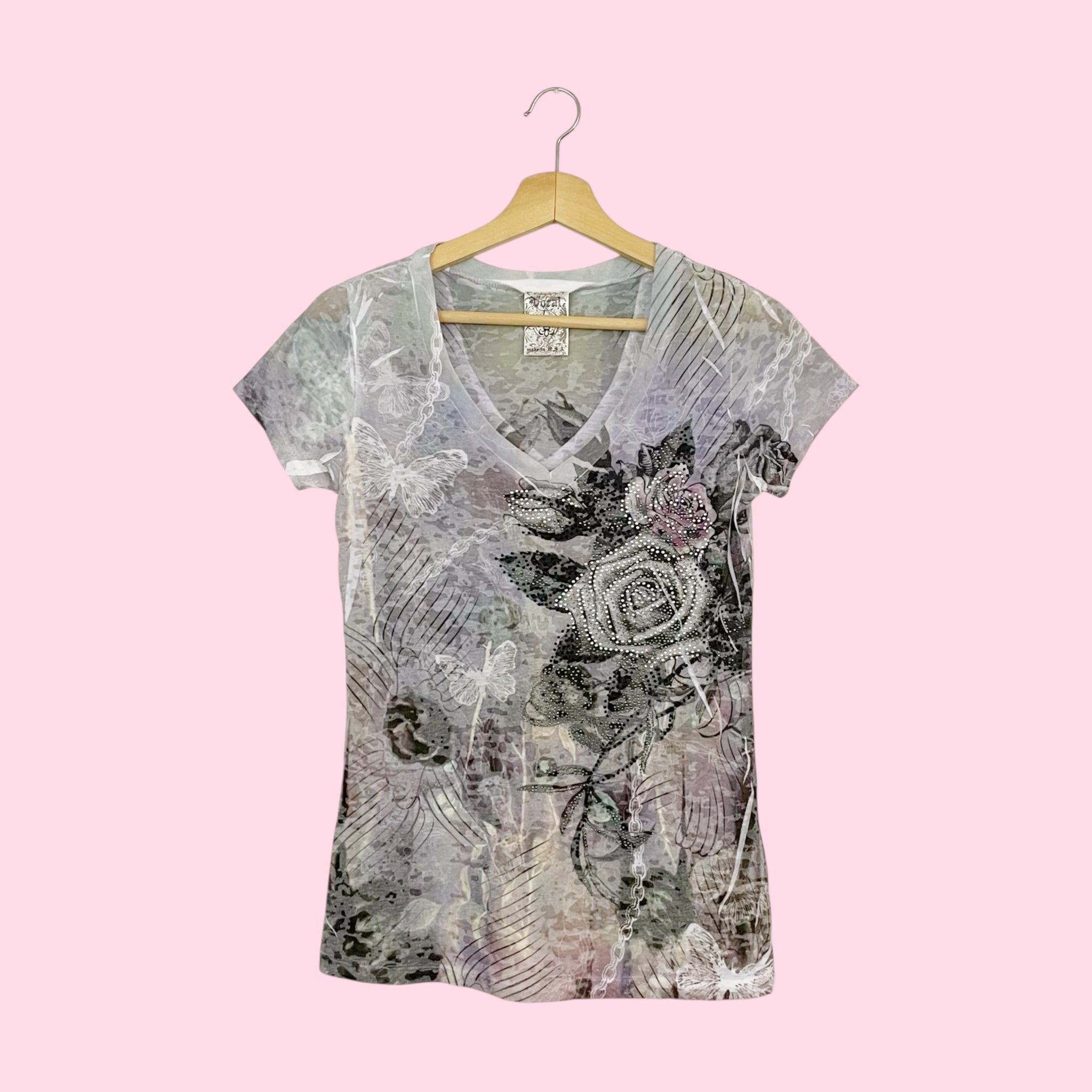RHINESTONE ROSE + BUTTERFLY PRINT T-SHIRT (M)