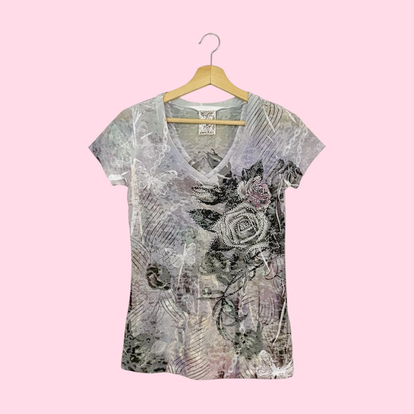 RHINESTONE ROSE + BUTTERFLY PRINT T-SHIRT (M)