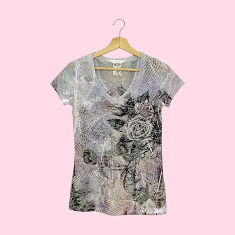 RHINESTONE ROSE + BUTTERFLY PRINT T-SHIRT (M)