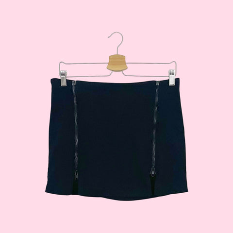 DOUBLE ZIPPER BLACK STRETCH MINI SKIRT (M)