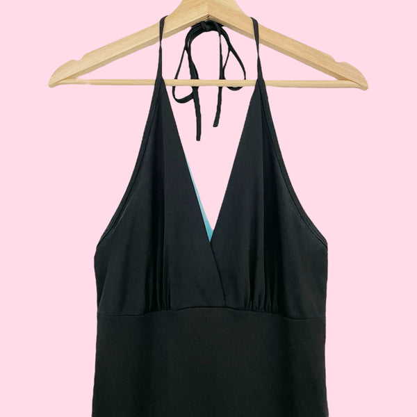 BLACK + AQUA BEADED FLORAL HALTER MIDI DRESS (S)