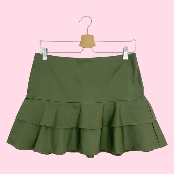 OLIVE GREEN RUFFLE MINI SKIRT (M)