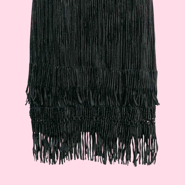 BLACK TEXTURED VELVET FRINGE DRESS (S)