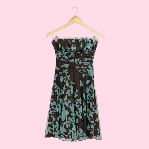 BROWN FLORAL MESH STRAPLESS DRESS (S)