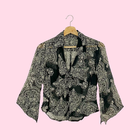 BLACK PRINTED SHEER SILK BLOUSE (S/M)