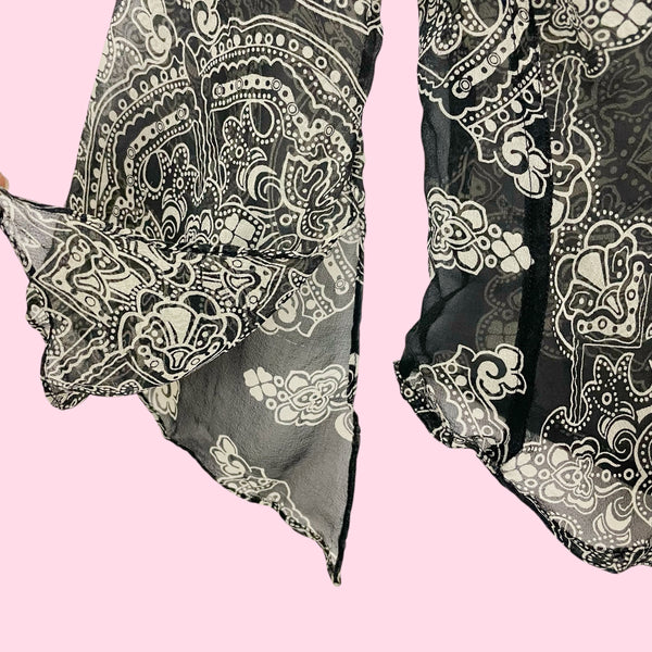 BLACK PRINTED SHEER SILK BLOUSE (S/M)