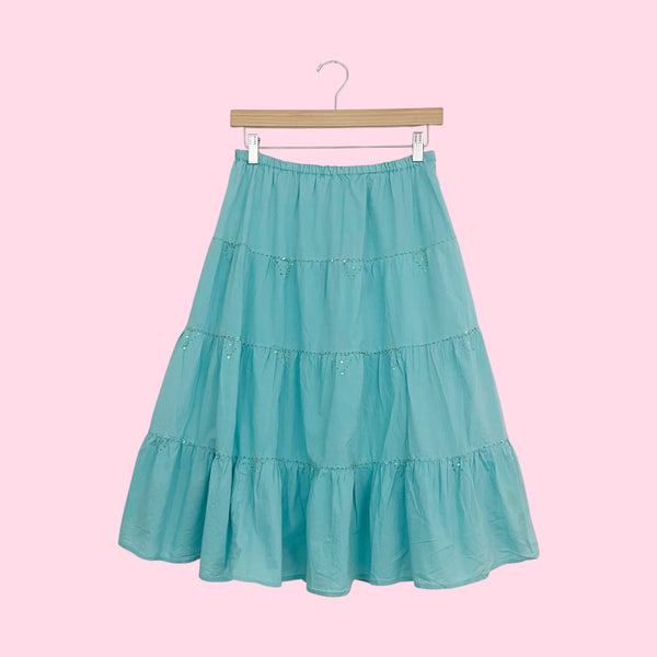Aqua Cotton Tiered Midi Skirt w/ Sequins (S/M)