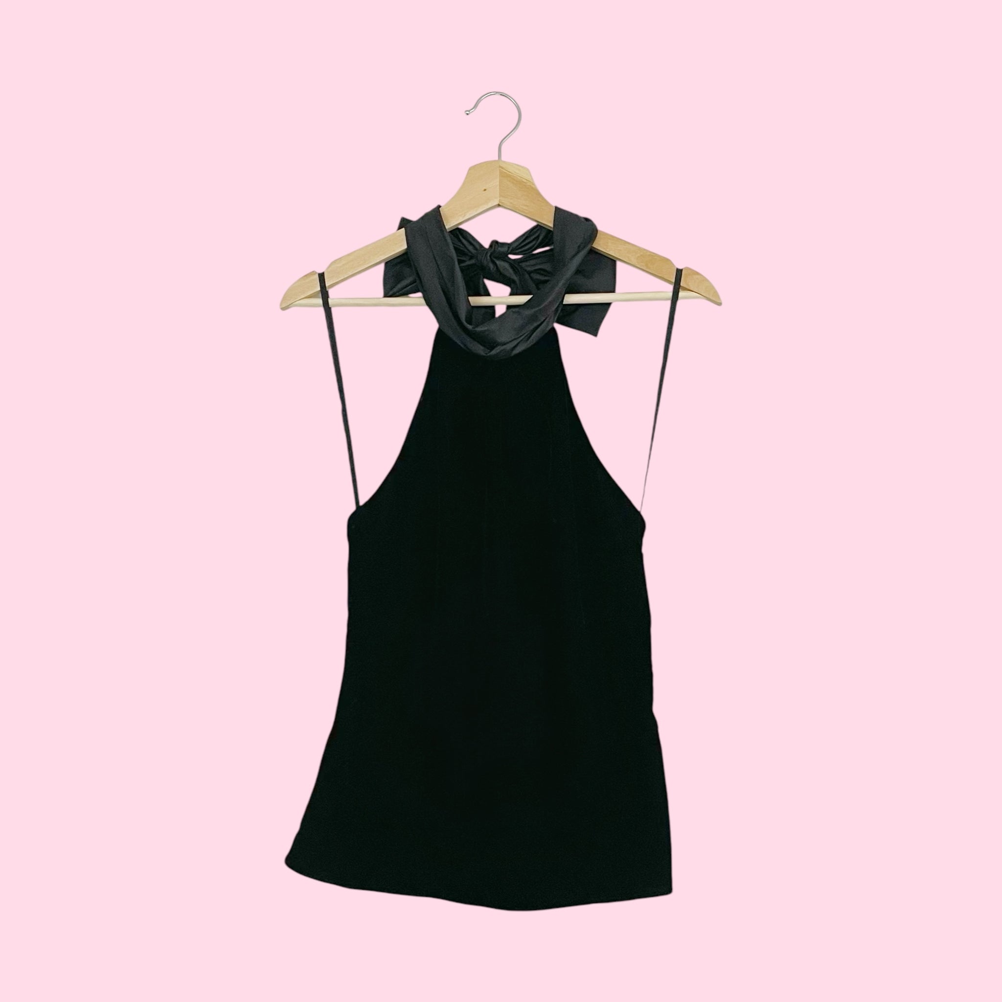BLACK VELVET TIE HALTER TOP (M)