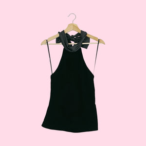 BLACK VELVET TIE HALTER TOP (M)