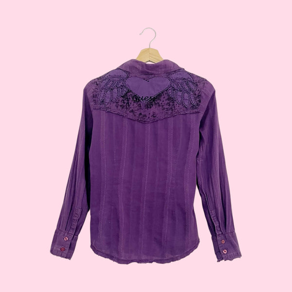 Y2K Guess Purple Embroidered Winged Heart Blouse (S/M)