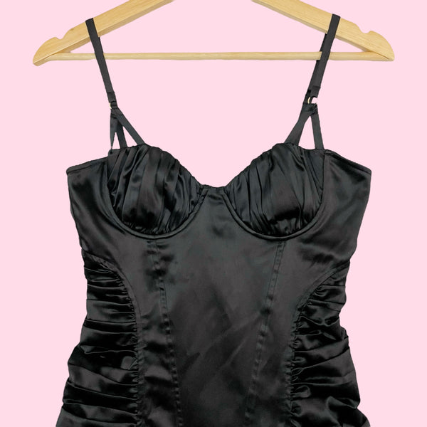 MARCIANO BLACK RUCHED MIDI DRESS (XS)