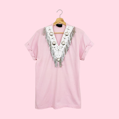 PINK WESTERN TEE W/ LEATHER FRINGE TRIM (M)