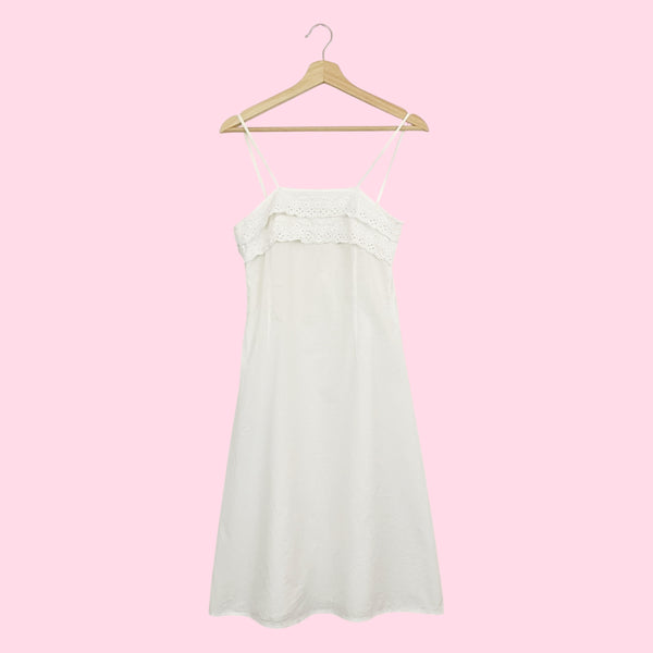 White Cotton Midi Dress w/ Eyelet Ruffle (XS)