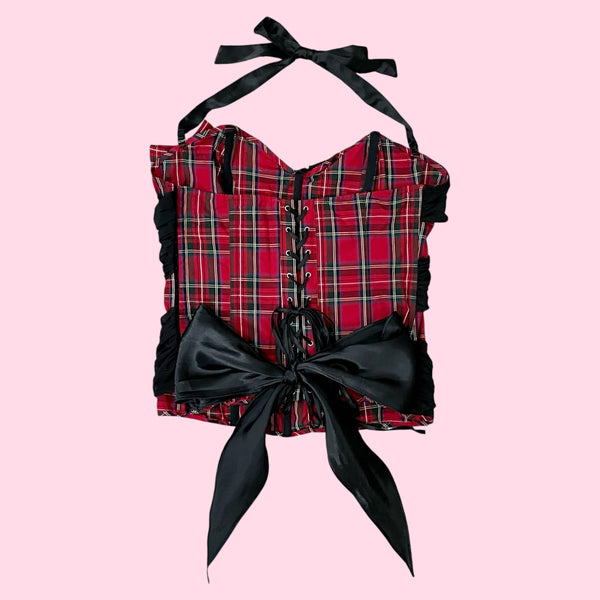 FREDERICK'S RED TARTAN PLAID CORSET W/ MESH OVERLAY (XL)