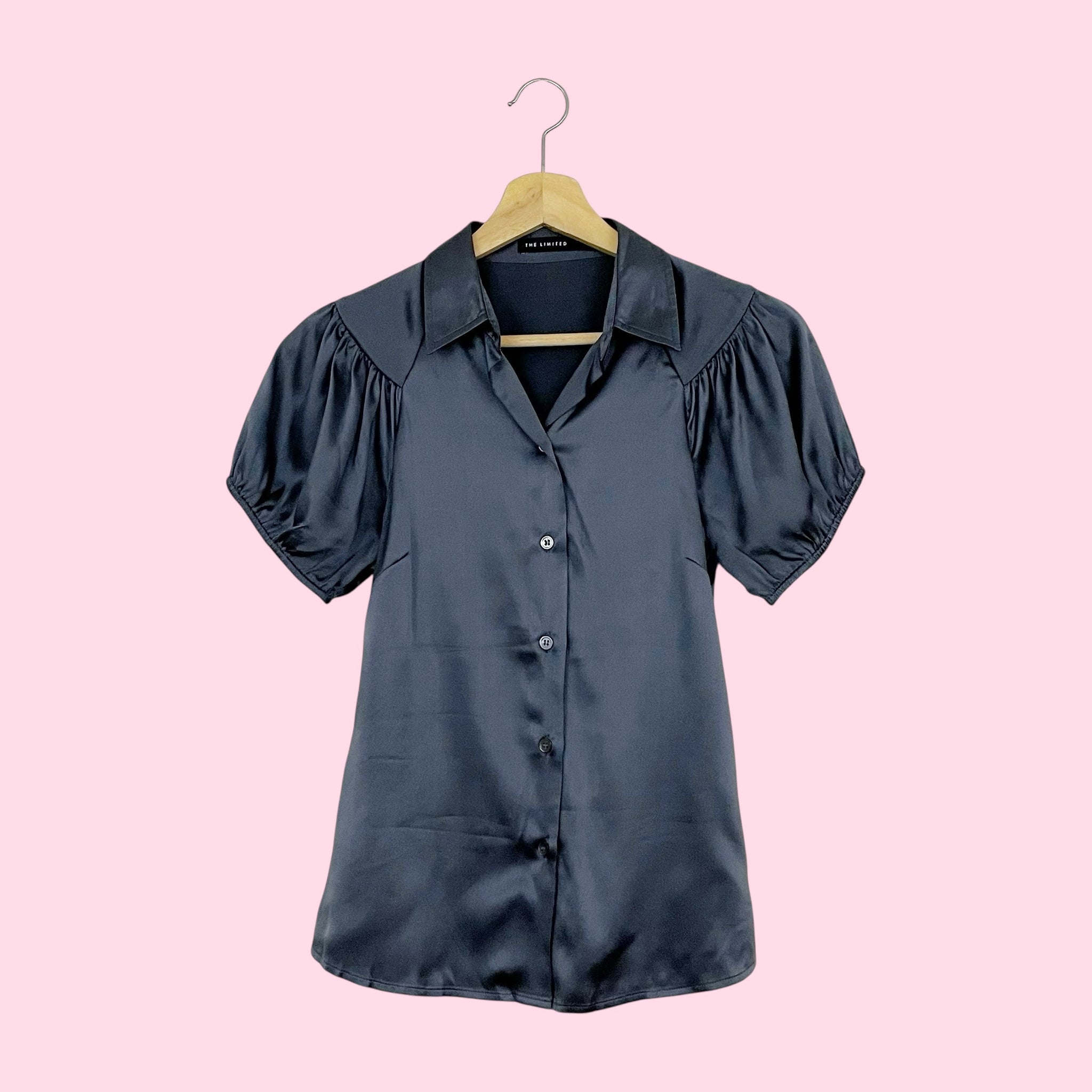 GRAY SILK PUFF SLEEVE BLOUSE (XS)