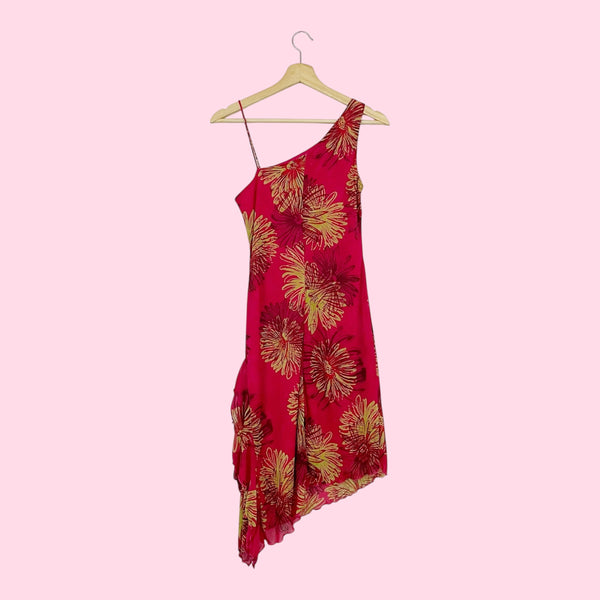PINK + LIME FLORAL ASYMMETRICAL MIDI DRESS (XS/S)