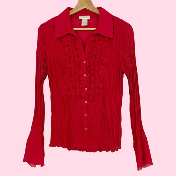 RED SHEER PLEATED RUFFLE BLOUSE (M)