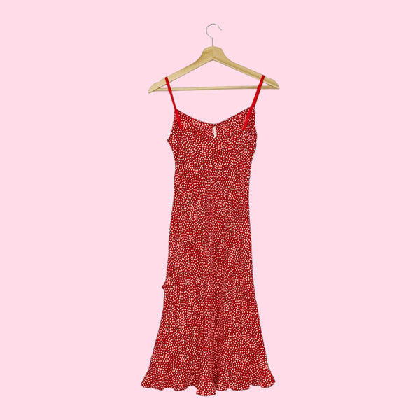RED + WHITE POLKA DOT MIDI DRESS (XS)