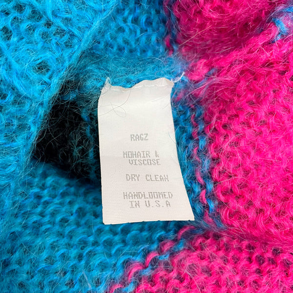 BLUE + PINK PATTERNED MOHAIR SWEATER (L)