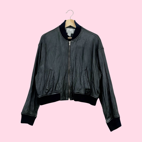 THE LIMITED BLACK LEATHER BOMBER JACKET (L)