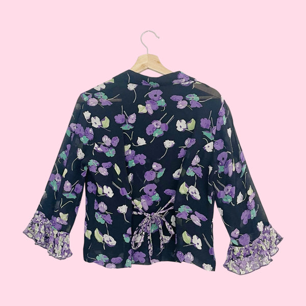90s Navy Floral Rayon Tie Back Blouse (12)