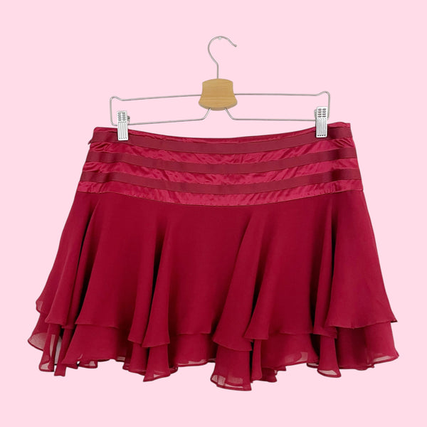 BEBE BURGUNDY SILK MINI SKIRT (L)
