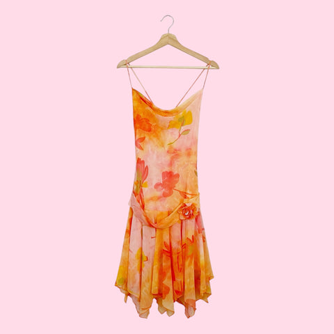 PEACH FLORAL DROP WAIST MIDI DRESS (M)