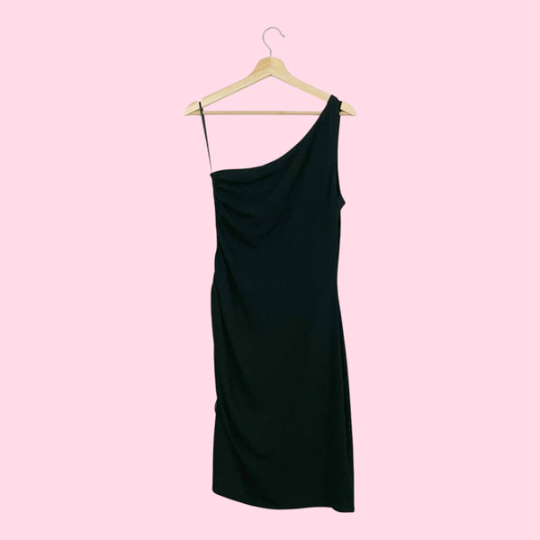 BLACK ONE SHOULDER CINCHED MIDI DRESS (M)