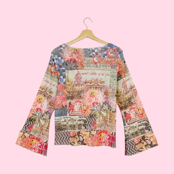 ALL OVER PRINT MESH BELL SLEEVE TOP (L/XL)