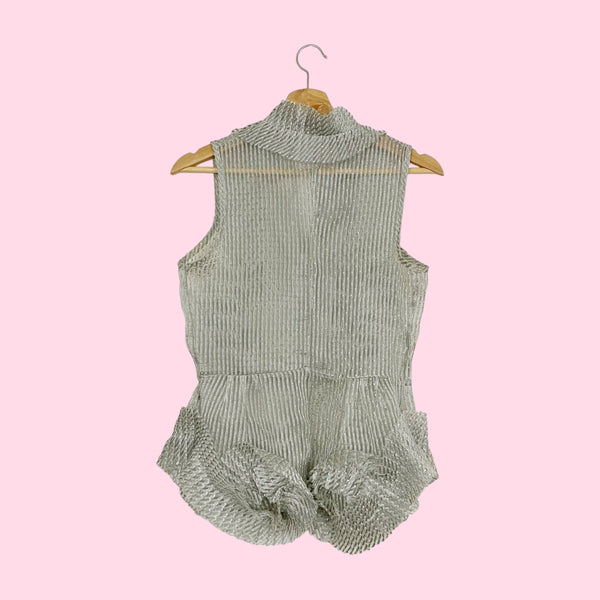 Gray Striped Sheer Pleated Ruffle Blouse (S)