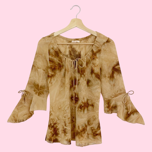 TAN TIE DYE SHEER BELL SLEEVE TOP (M/L)