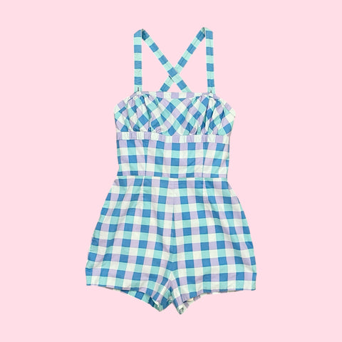 60S BLUE PLAID COTTON PLAYSUIT / SWIMSUIT (S)