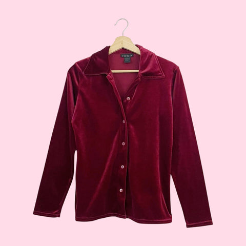 BURGUNDY VELVET BUTTON UP BLOUSE (M)