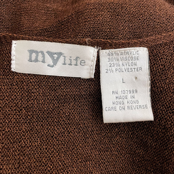 BROWN KNIT SHRUG W/ RAINBOW TRIM (L)