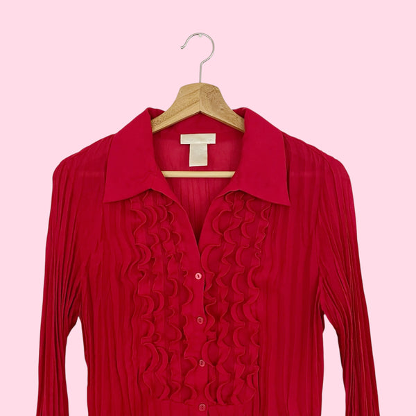 RED SHEER PLEATED RUFFLE BLOUSE (M)