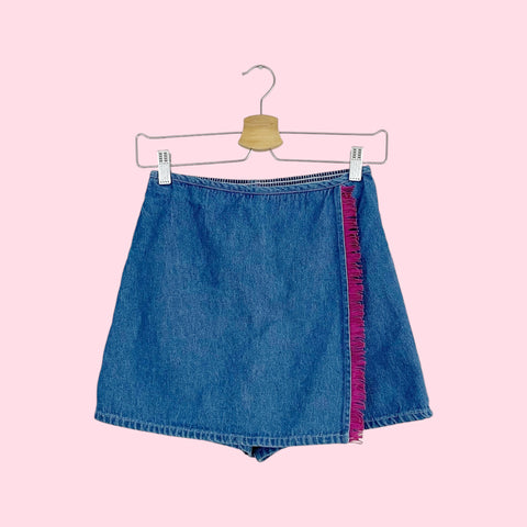 DENIM MINI SKORT W/ FRINGE TRIM (XS)