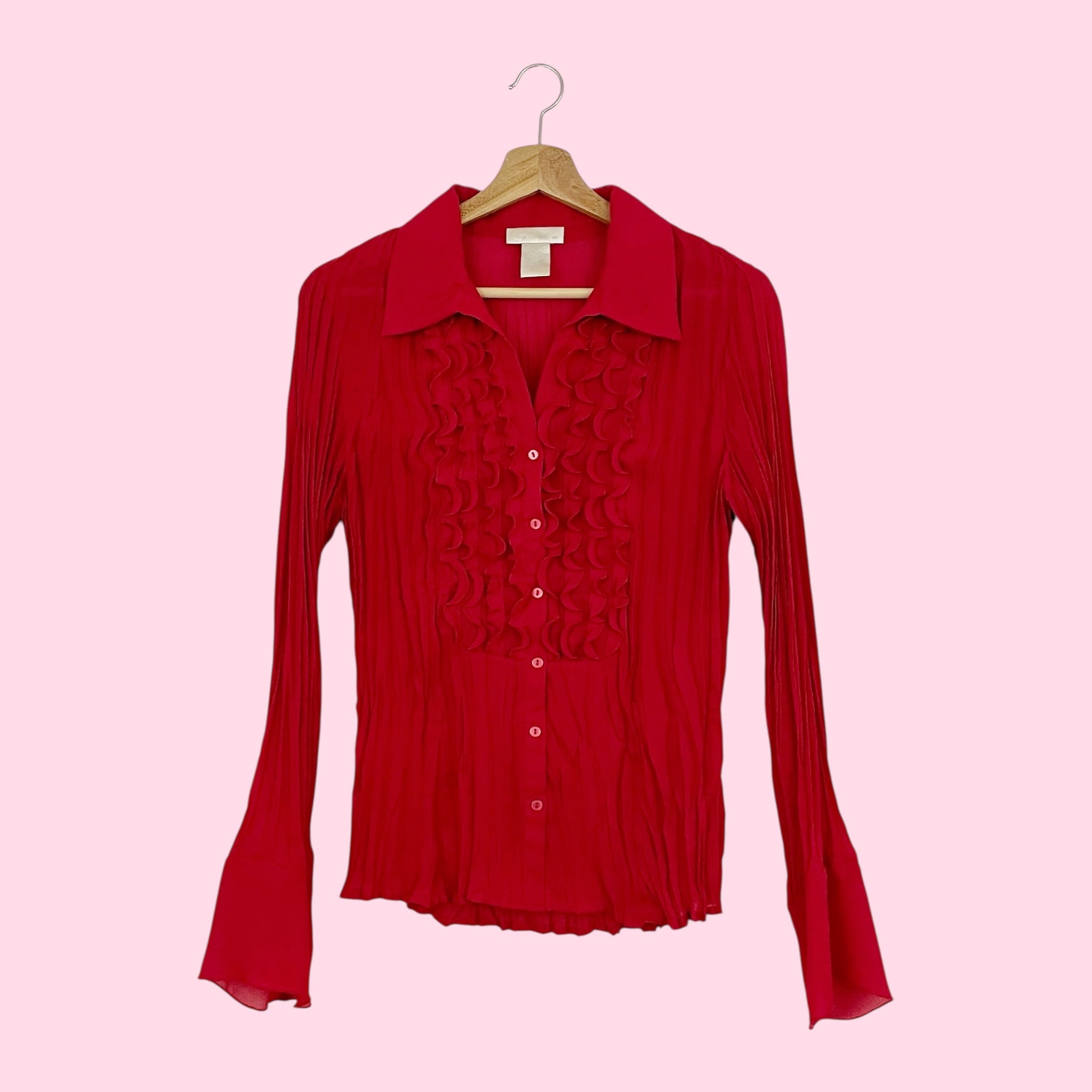 RED SHEER PLEATED RUFFLE BLOUSE (M)