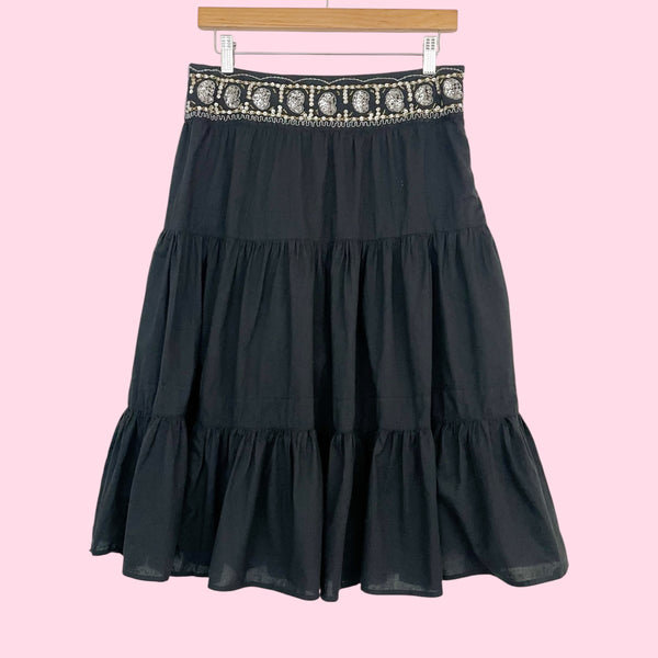 Y2K Black Cotton Tiered Skirt w/ Beaded Trim (8)