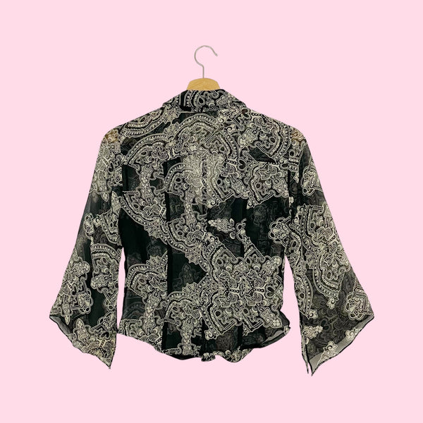 BLACK PRINTED SHEER SILK BLOUSE (S/M)