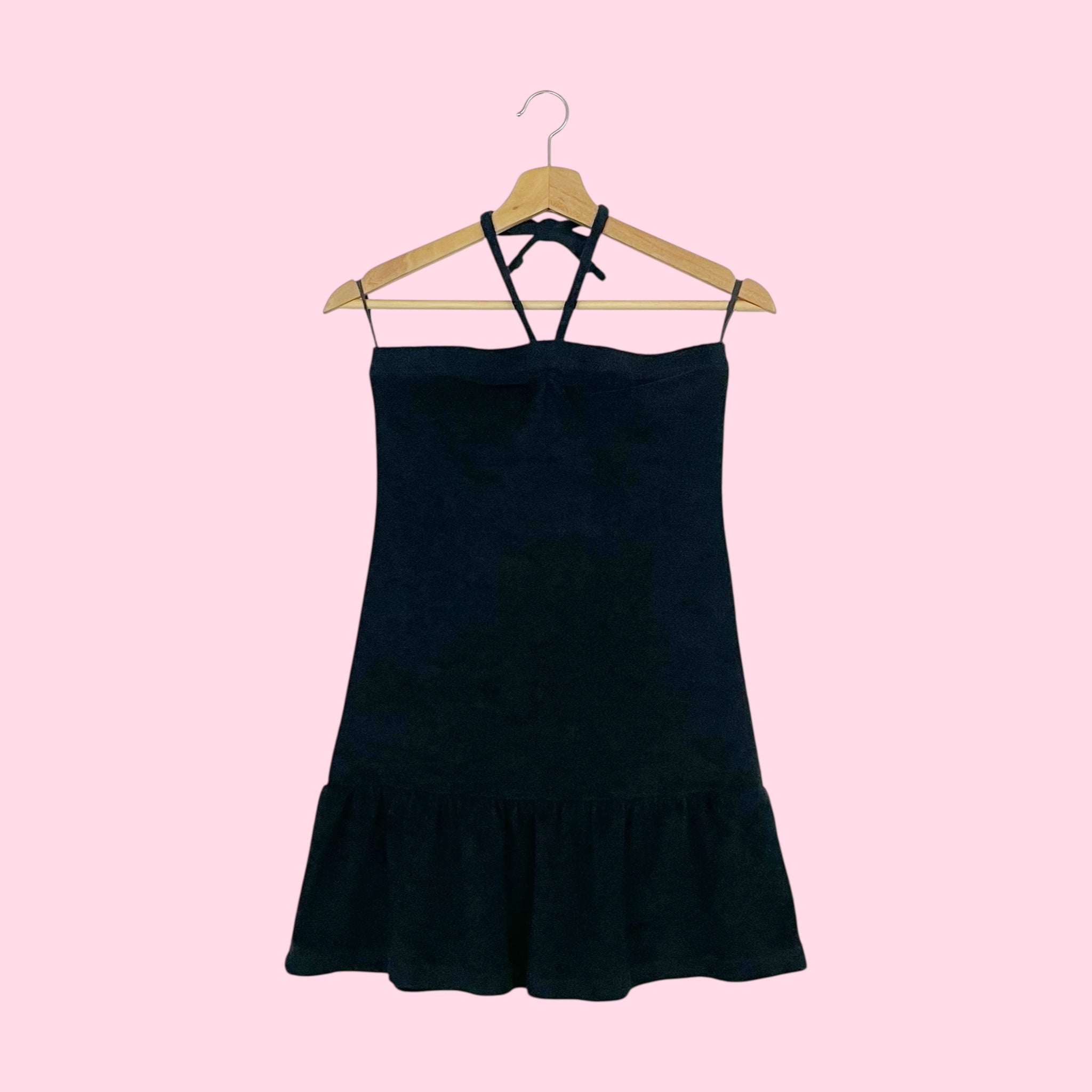 BLACK TERRY CLOTH HALTER MINI DRESS (S)