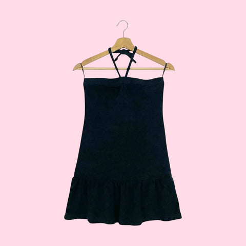 BLACK TERRY CLOTH HALTER MINI DRESS (S)
