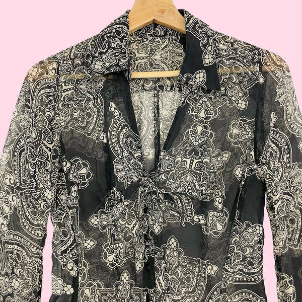 BLACK PRINTED SHEER SILK BLOUSE (S/M)