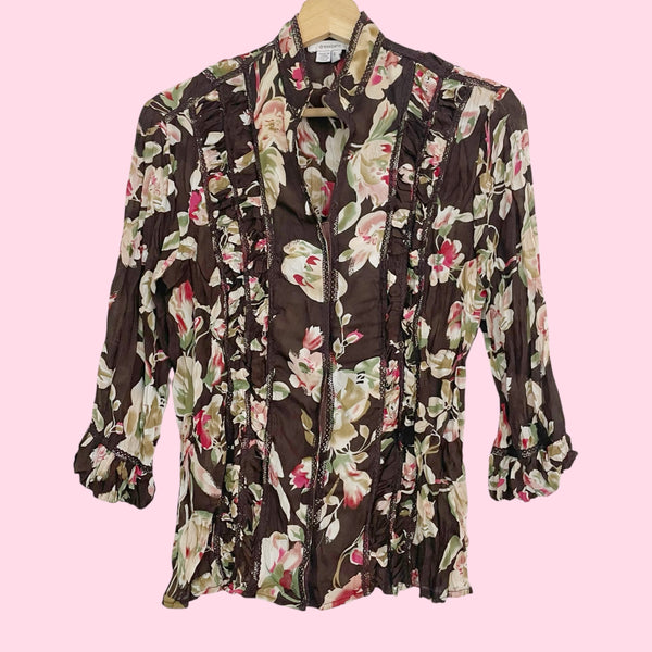 Y2K Brown Floral Ruched Blouse (S)
